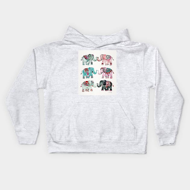 turquoise red elephants Kids Hoodie by CatCoq